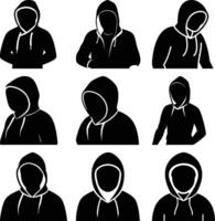 Black hooded figures showcase nine unique poses and angles in a striking monochrome presentation vector