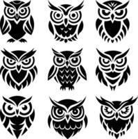 Diverse tribal owl emblems showcase simple lines and intricate details in a singlecolor silhouette vector