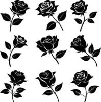 Nine black rose silhouettes displayed with varying flower and leaf arrangements against a white background vector