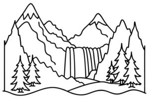 Outlined mountain landscape features a striking waterfall and evergreen trees in a minimalist style vector