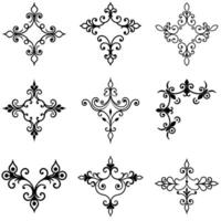 Nine unique flourished black calligraphic ornaments are arranged on a white background in symmetrical configurations vector
