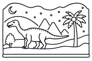 Outlined apatosaurus stands peacefully near palm tree under crescent moon, mountain backdrop vector