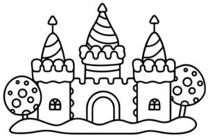 Outlined cartoon castle has three towers and trees on a simple white background vector