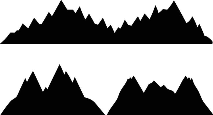 Multiple mountain ranges are displayed in black silhouette against a stark white backdrop