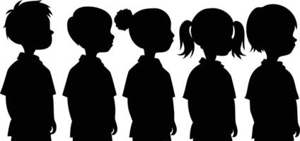 Black silhouettes of diverse children standing sideways create a strong sense of unity vector
