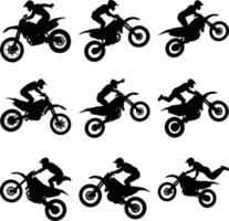 Various action silhouettes show a motorcycle rider performing stunts and tricks in various positions vector