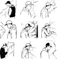 Various line drawings display Asian men inspecting and pointing at cracked brick walls seriously vector