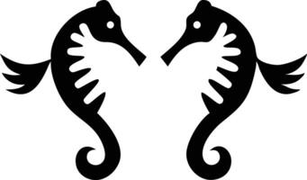 Two bold seahorse figures face each other in this striking monochromatic graphic vector