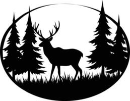 Silhouetted deer standing gracefully among tall pine trees encased in a circular frame vector
