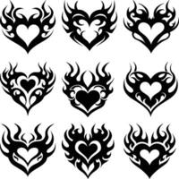 Nine black heart shapes are decorated with tribal flame patterns on a white background vector