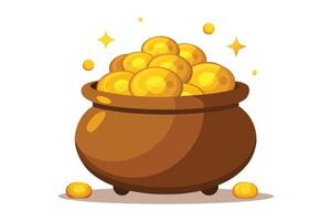 A brown pot overflows with bright golden coins shining with magical stars around it vector