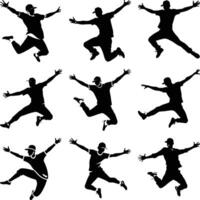Several cheerful men wearing caps jump and dance with outstretched arms in silhouette form vector