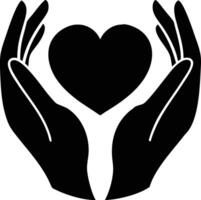 Silhouette of two hands gently protecting a solid black heart shape at center vector