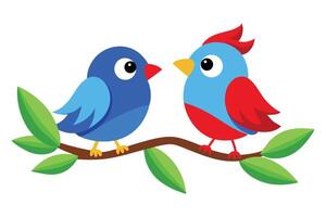 Cartoon birds rest sweetly together upon a leafy branch in simplistic form vector