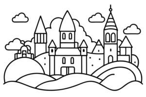 Outlined castle silhouette sits upon rolling hills below a cloudy sky, creating a simplistic scene vector