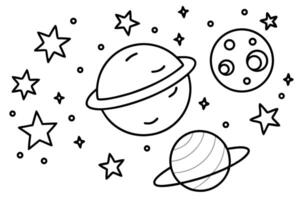 Outlined planets and stars create a cosmic universe with celestial black and white theme vector