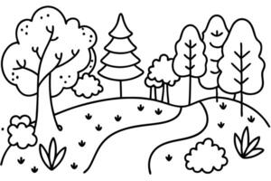 A winding path leads through a forest with various trees and bushes vector