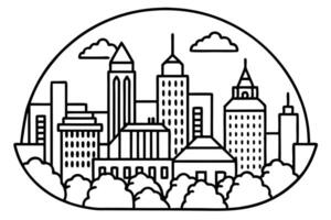 Black outlined cityscape including trees and buildings is visible within oval frame vector