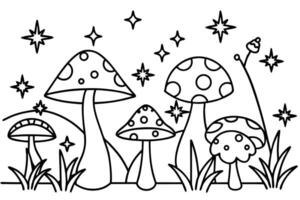 Dotted mushrooms with magical stars create a whimsical forest for a coloring adventure vector