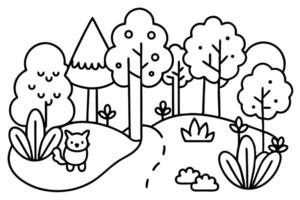Minimalist line drawing shows a cartoon fox by foliage along a forest path vector