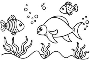 Fish glide amidst bubbles and seaweed in this charming outline drawing, ready for vibrant color vector