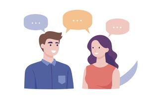 Smiling Caucasian man and woman have conversation bubbles surrounding them on a white background vector