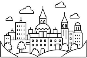 A cityscape outline shows urban buildings, trees, and clouds against a white background vector