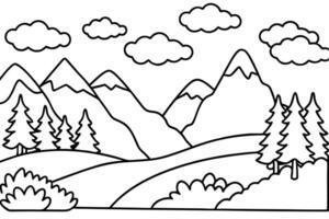 Outlined mountains with snow sit beneath fluffy clouds above trees and shrubbery vector