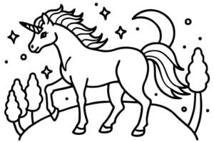 Outline of a unicorn with stars and moon stands gracefully in a magical landscape vector