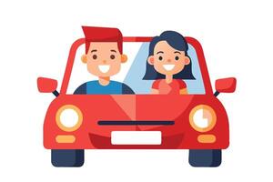 Smiling couple enjoying ride in a red car on a sunny day looks happy vector