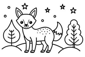 Cartoon fox stands in a simple forest landscape filled with stars and trees vector