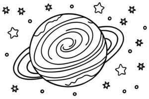 Black and white line art portrays a ringed planet surrounded by stars and circles vector