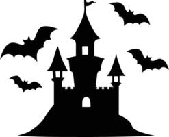 Silhouetted bats flutter around a dark, ominous castle, evoking Halloween spookiness and festive cheer vector