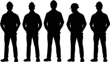 Five construction worker silhouettes stand tall with hands casually placed in their pockets vector