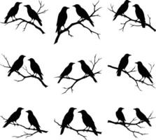 Black birds are seen perched on branches, creating a stark contrast against the white background vector