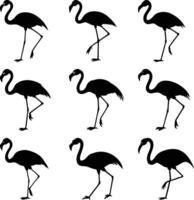 Nine flamingo silhouettes standing gracefully create a pattern against a white background in this image vector