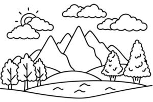 Black and white landscape displays mountains, trees, clouds, and sun in simple line artwork vector