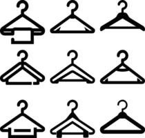 Multiple garment hangers present diverse design variations, rendered in stark black lines over white vector