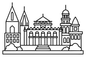 Black outline drawing shows a landmark castle building with towers and bushes around it vector