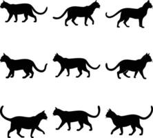 Several sleek black feline silhouettes are depicted in various walking poses across a bright background vector
