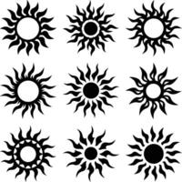 A collection of nine sun icons with distinctive ray styles is presented in black vector