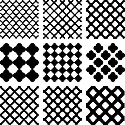 Various geometric lattice patterns in black and white showcase unique variations and textures