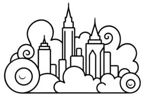 Line art shows city skyline featuring skyscrapers and stylized clouds creating a bold silhouette vector