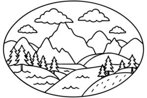 Black outlines depict a serene mountain landscape with trees and clouds in nature vector