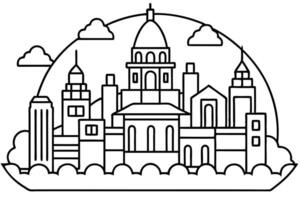 Black outlined skyline illustrates cityscape buildings below fluffy clouds in an arch shaped frame vector