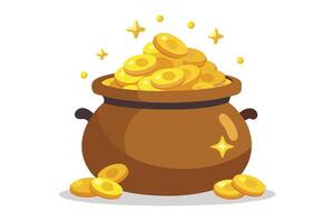Animated pot overflowed with shiny golden coins surrounded by sparkles on a white background vector