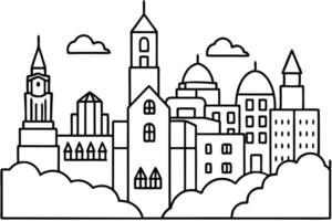 Black outline showcases city buildings with unique architecture and clouds in a simplified design vector