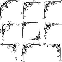 Nine black ornamental corner elements with floral swirls create an elegant, artistic pattern vector