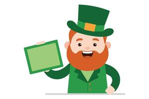 Cheerful leprechaun displays a green clipboard while wearing his festive hat and suit with a big smile vector