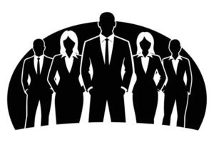 Monochrome silhouette shows confident business leader and team standing together, ready for success vector